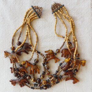 Vintage Hand-Carved Wood Bead Safari Animal Necklace
